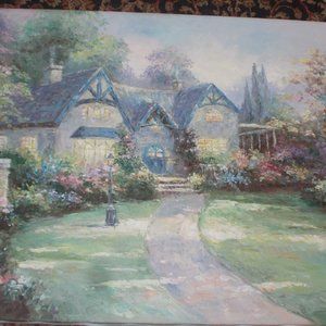 Large vintage cottage oil painting, approximately 24"x36"